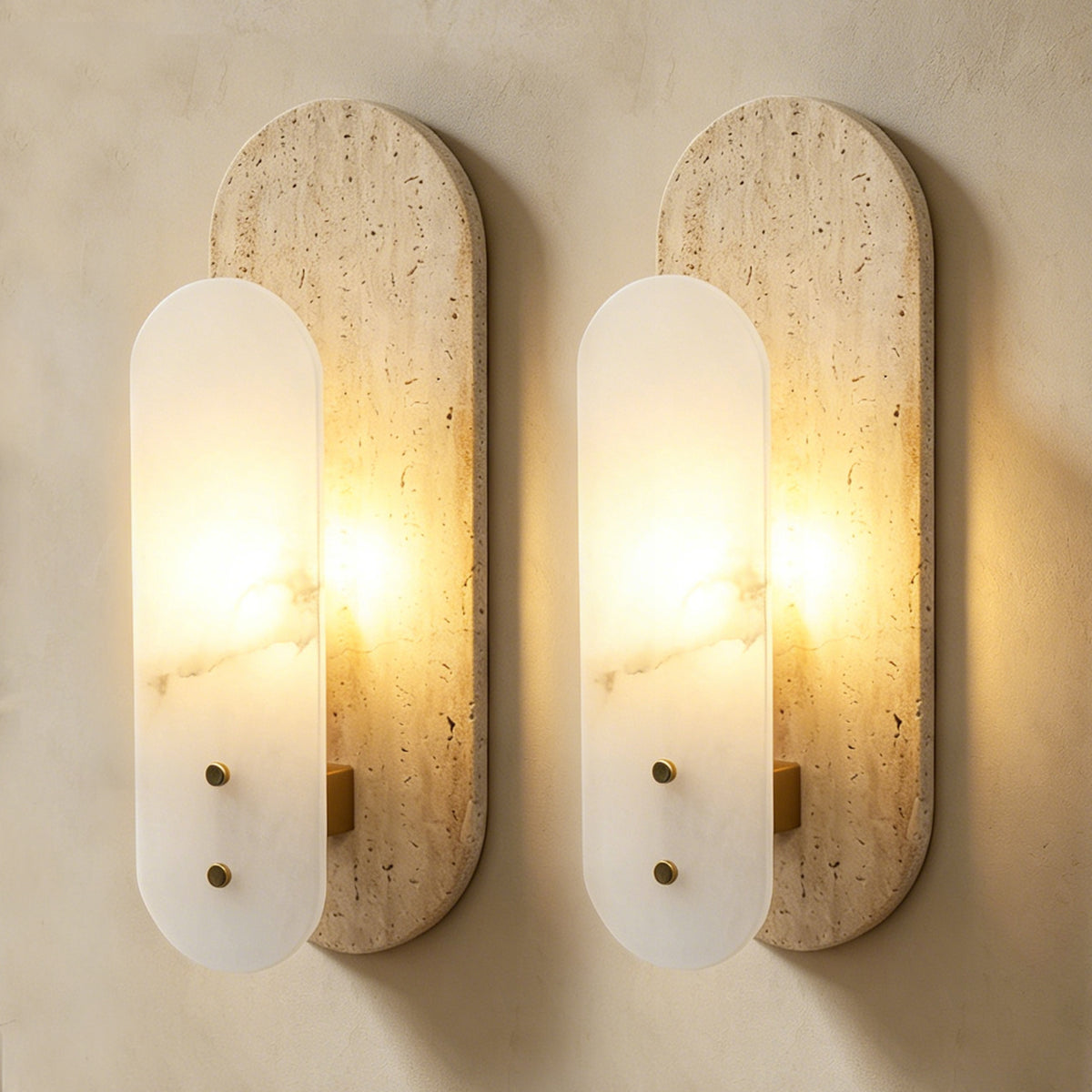 Modern 1-Light 14.57in Travertine and Alabaster LED Flush Mount Wall Sconce with Brass Accent