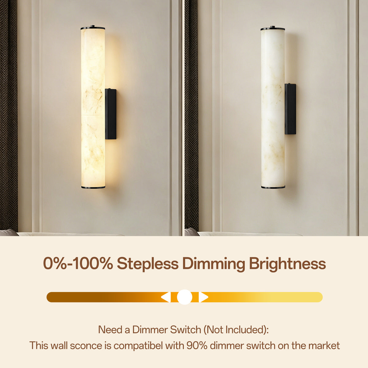 19.7" Modern Cylindrical LED Natural Alabaster Wall Sconce, Dimmable Integrated Light with Brass Metal Backp