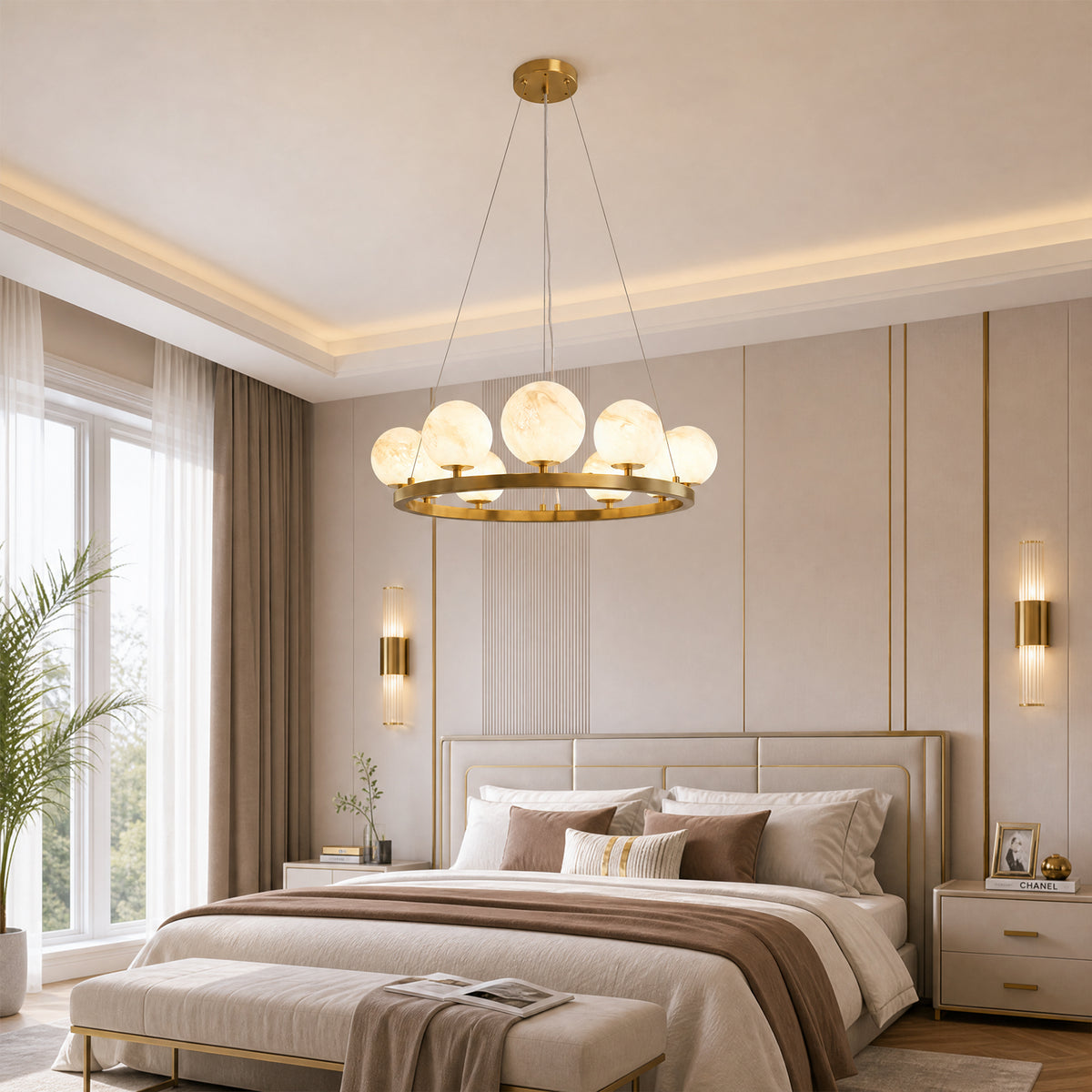 9-Light Brass Modern Globe Chandelier Wagon Wheel Ring Pendant Light with Faux Alabaster Glass Shade