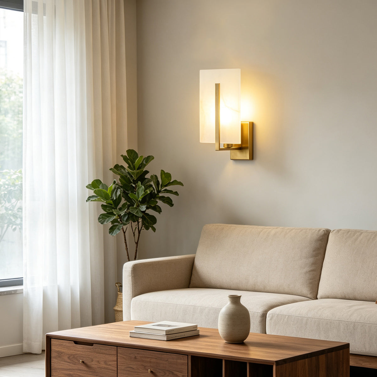 Rectangle Spanish Alabaster Wall Sconce Light 3-Color Selectable Brass LED Wall Mount Lamp