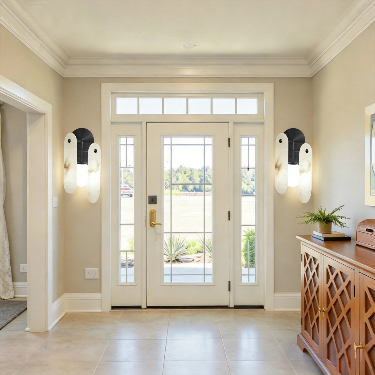 Everly Quinn Modern Natural Alabaster Stone Wall Sconce, Dimmable Mid-Century Accent Vanity Light