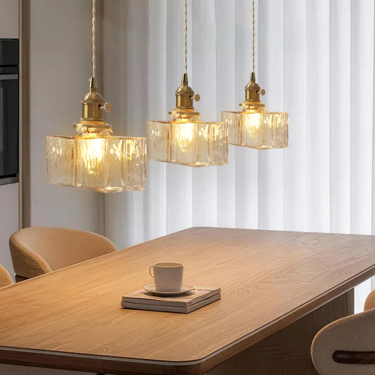 Modern Textured Square Glass Pendant With Brass Fixture for Kitchen Island Lighting