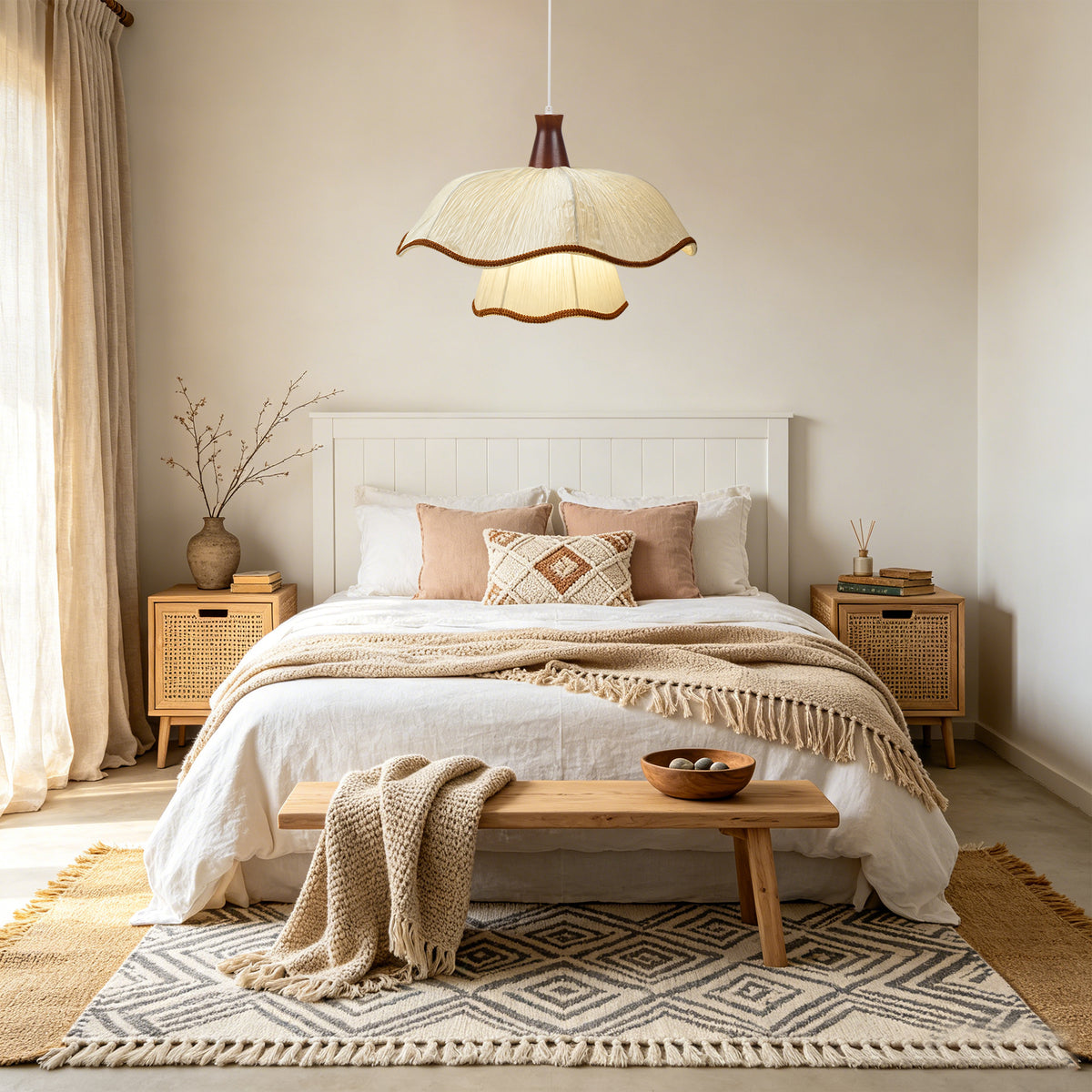 1-Light Scalloped Pleated Fabric Pendant Light with Wood Accent