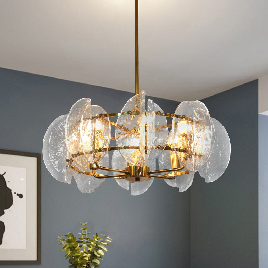 Dehowell Modern 6-Light Hammered Glass Disc Chandelier with Gold Fixture