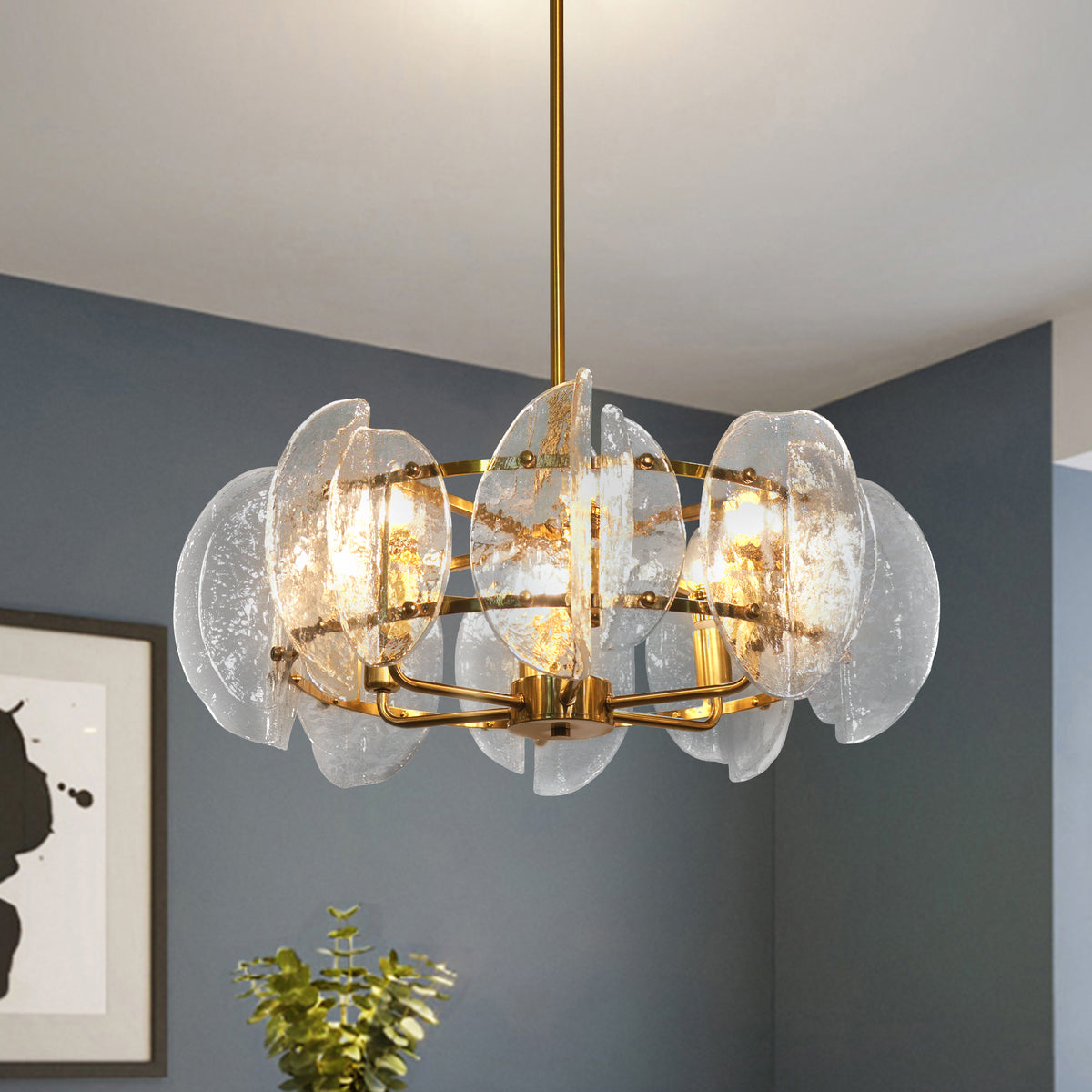 Dehowell Modern 6-Light Hammered Glass Disc Chandelier with Gold Fixture