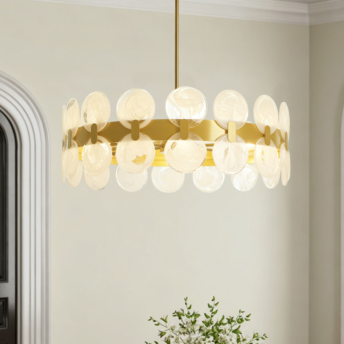 Modern 6 Light 27.56" Gold Chandelier with Handcrafted Cloud Glass Shades