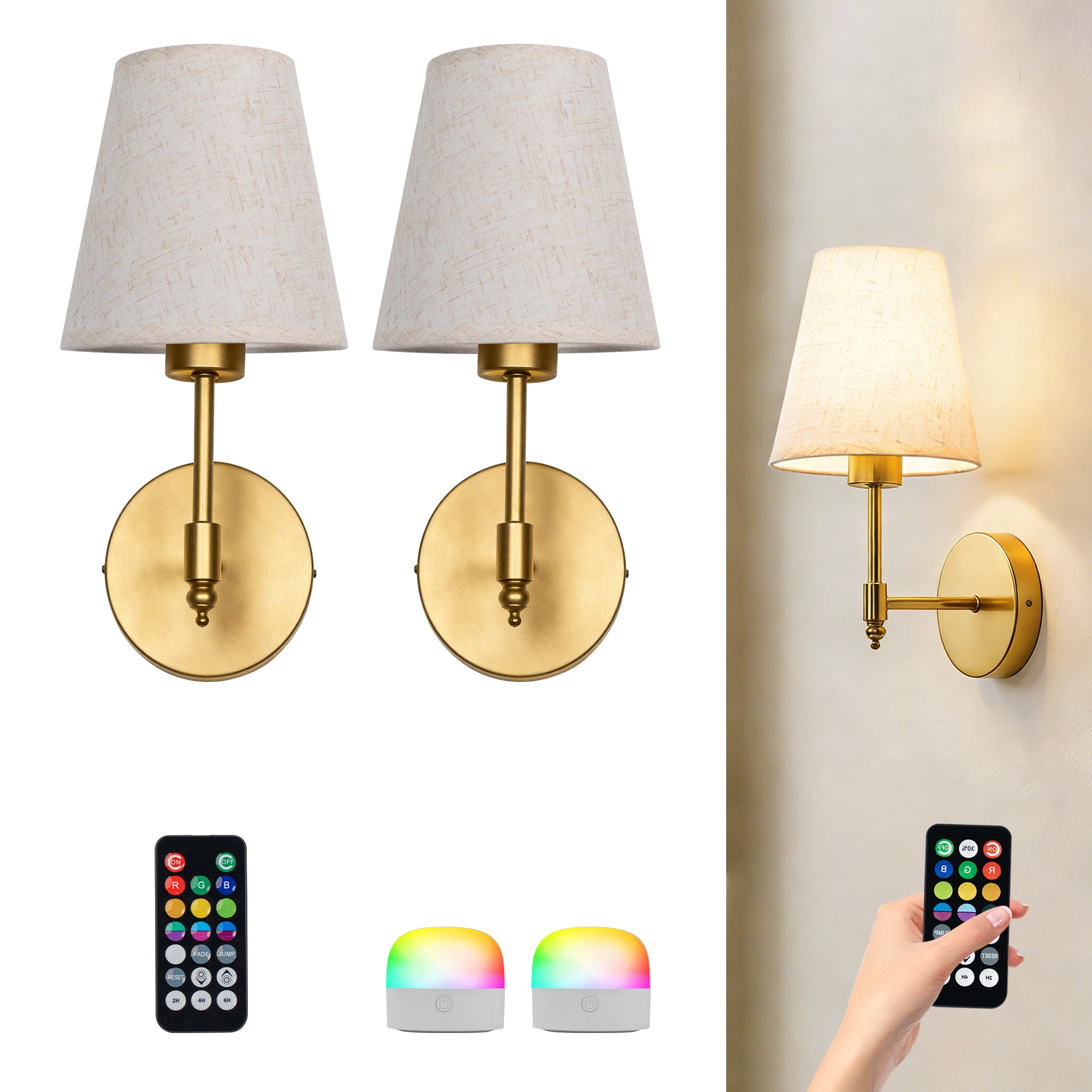 Dehowell Battery Operated Wireless Fabric Wall Sconces with Remote Contro For Living Room, Bedroom, Hallway, And Bathroom (Set of 2)