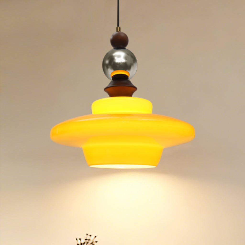 Dehowell Mid Century Glass Pendant Lamp With Wood & Metal Accents For Kitchen Island Living Dining Room