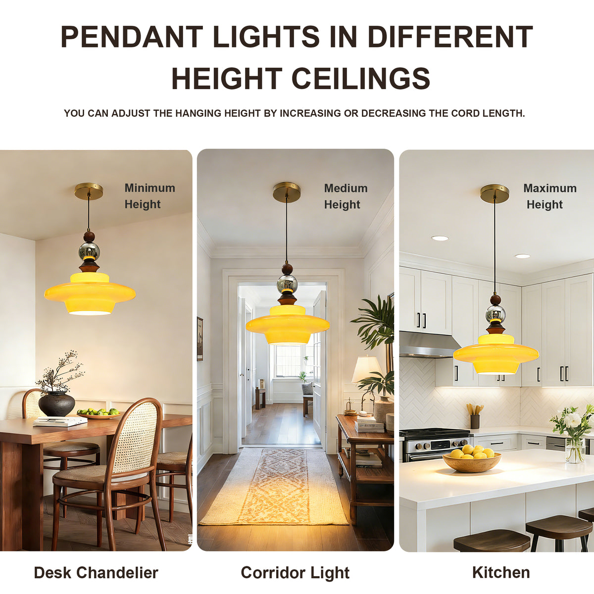 Dehowell Mid Century Glass Pendant Lamp With Wood & Metal Accents For Kitchen Island Living Dining Room