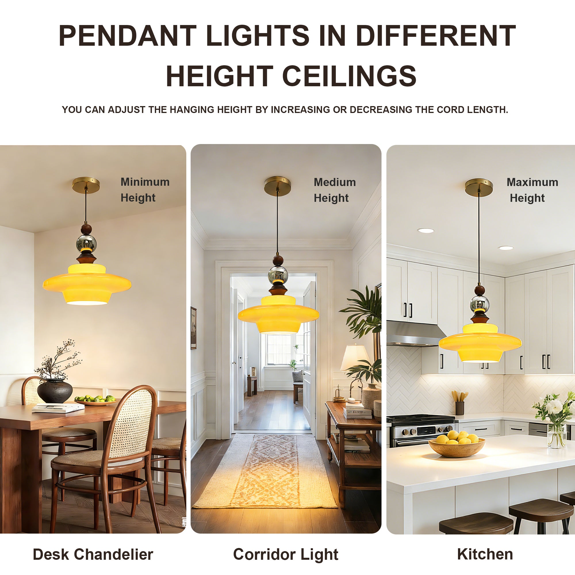 Dehowell Mid Century Glass Pendant Lamp With Wood & Metal Accents For Kitchen Island Living Dining Room