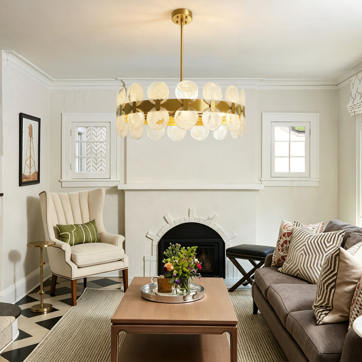 Modern 6 Light 27.56" Gold Chandelier with Handcrafted Cloud Glass Shades