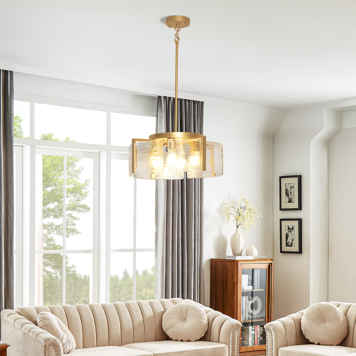 Dehowell 4-Light Modern Drum Chandelier with Textured Water Glass Shades