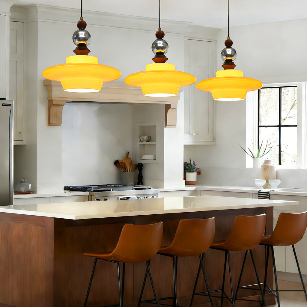 Dehowell Mid Century Glass Pendant Lamp With Wood & Metal Accents For Kitchen Island Living Dining Room