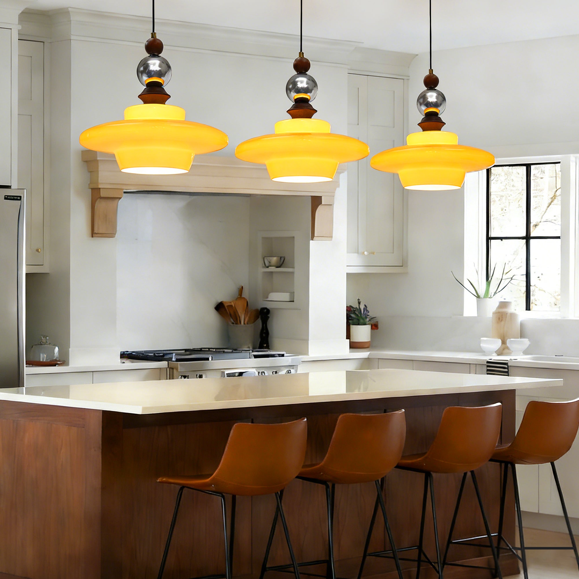 Dehowell Mid Century Glass Pendant Lamp With Wood & Metal Accents For Kitchen Island Living Dining Room