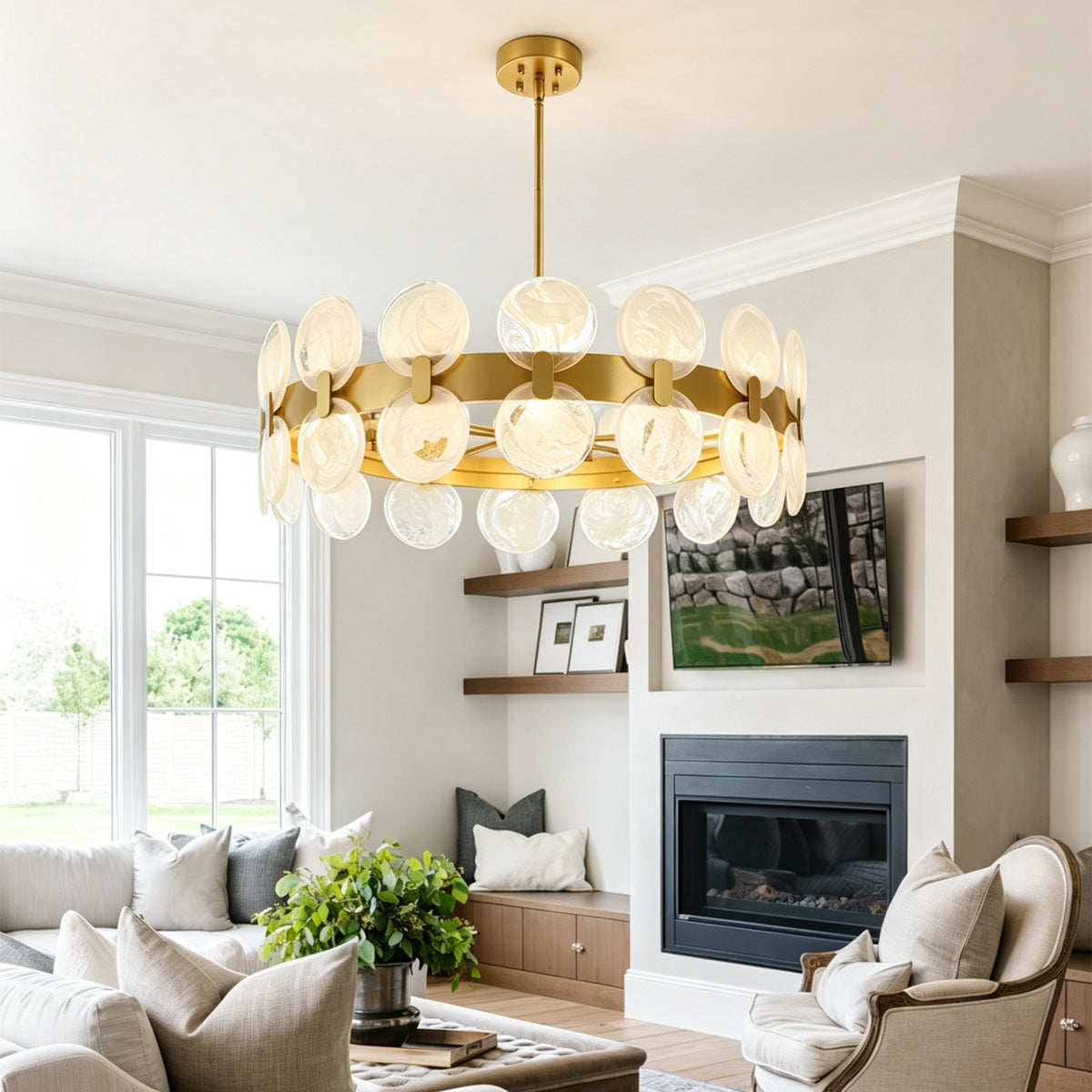 Modern 6 Light 27.56" Gold Chandelier with Handcrafted Cloud Glass Shades