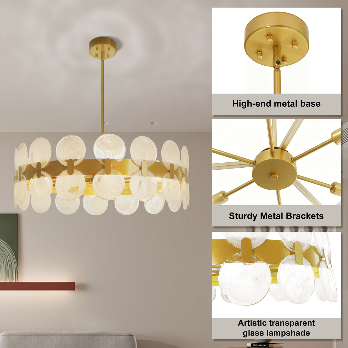 Modern 6 Light 27.56" Gold Chandelier with Handcrafted Cloud Glass Shades