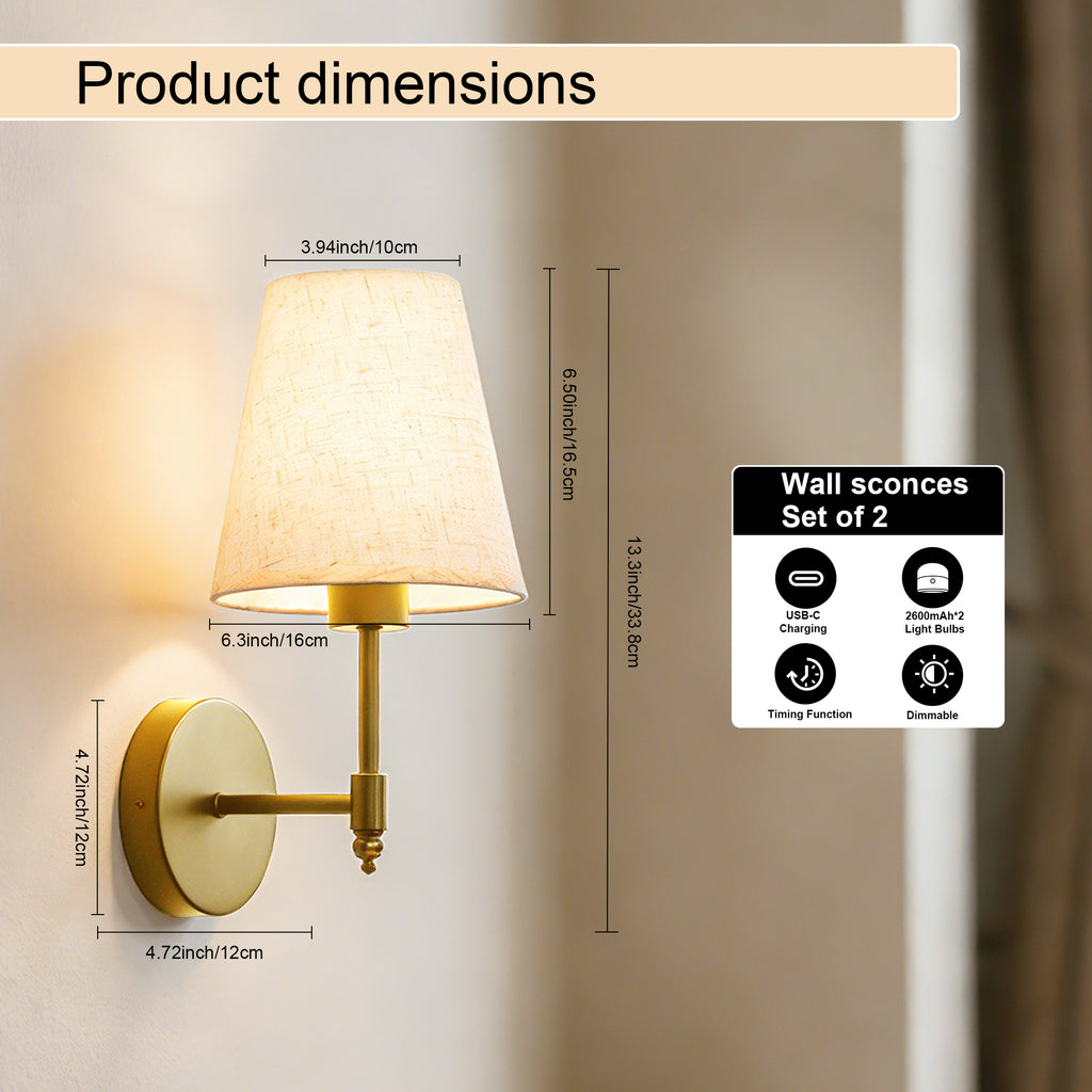 Dehowell Battery Operated Wireless Fabric Wall Sconces with Remote Contro For Living Room, Bedroom, Hallway, And Bathroom (Set of 2)