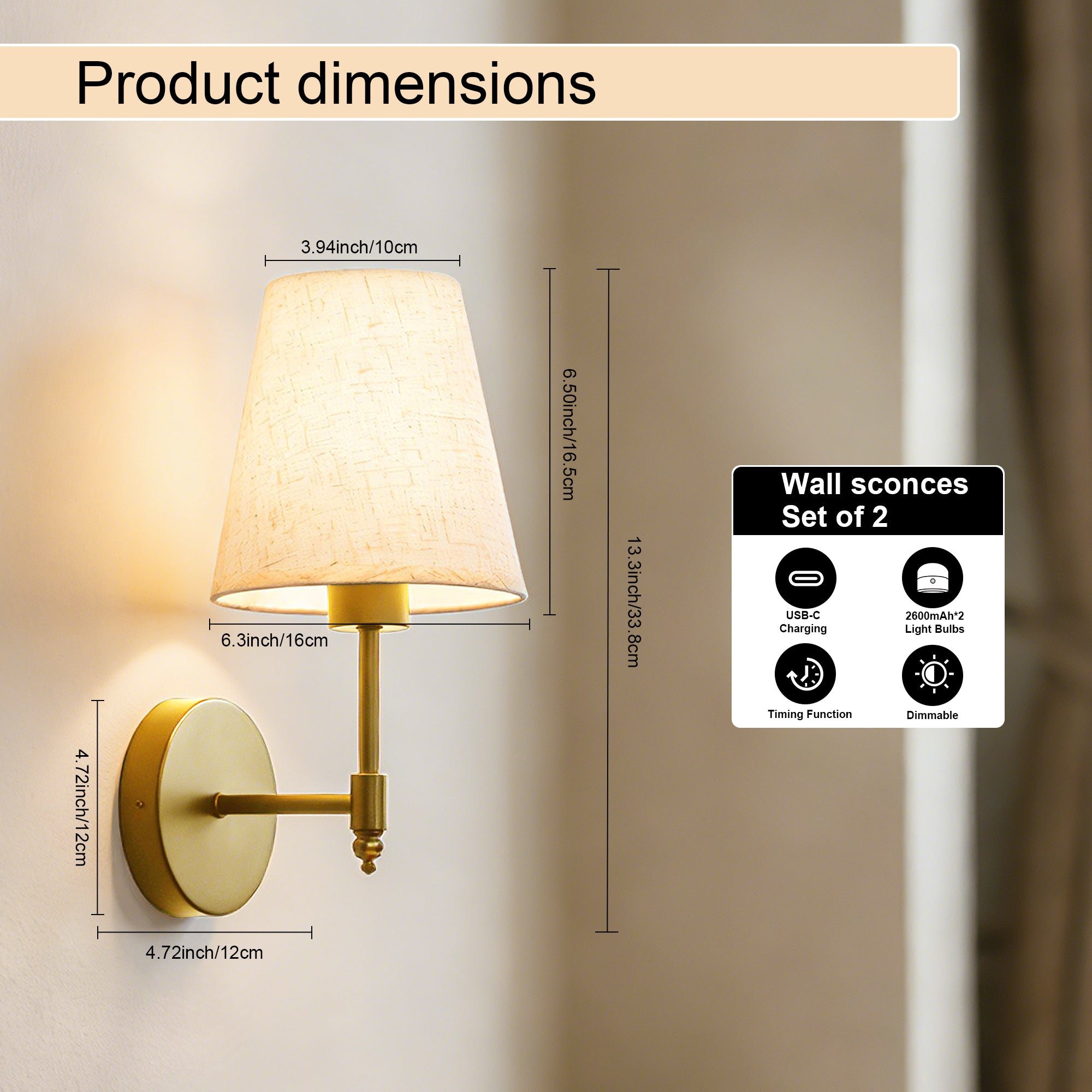 Dehowell Battery Operated Wireless Fabric Wall Sconces with Remote Contro For Living Room, Bedroom, Hallway, And Bathroom (Set of 2)