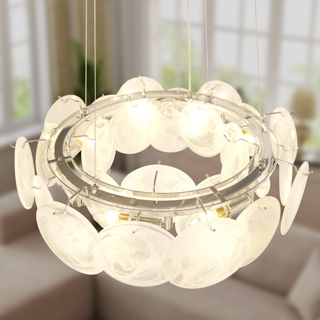 Dehowell 8-Light Cloud Glass Disc Chandelier - Polished Chrome Finish