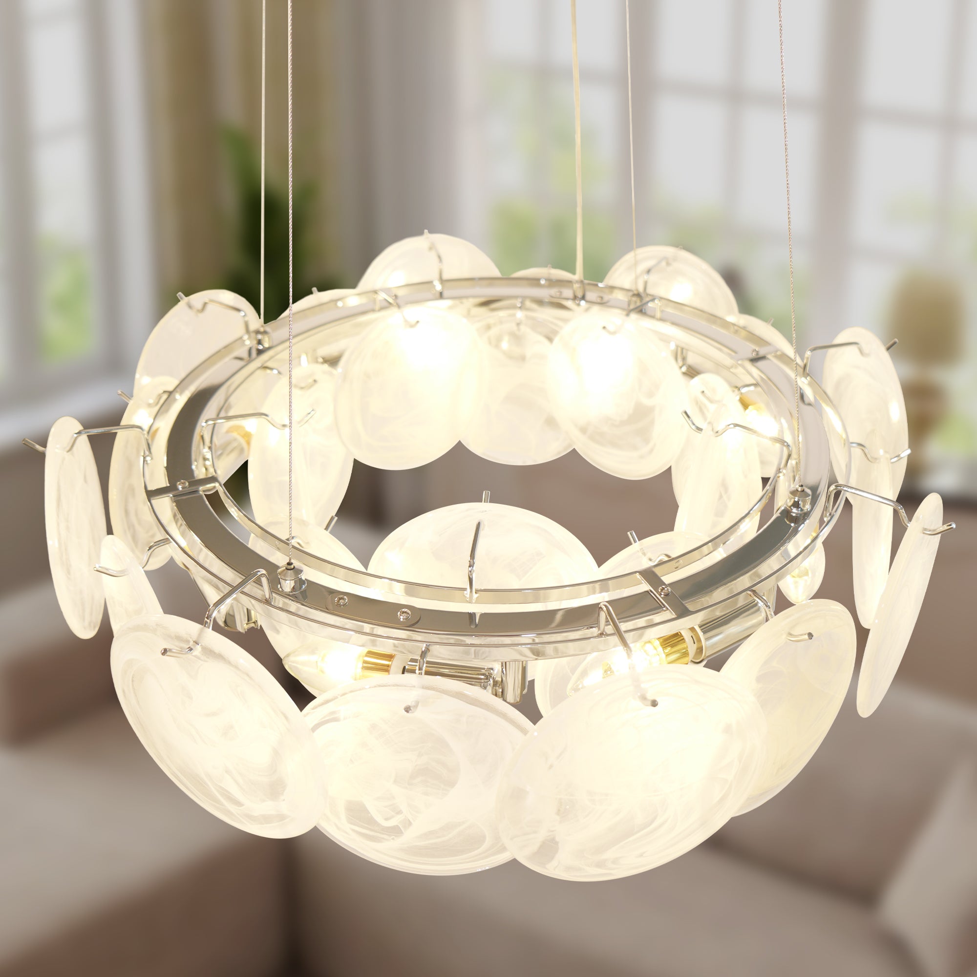 Dehowell 8-Light Cloud Glass Disc Chandelier - Polished Chrome Finish