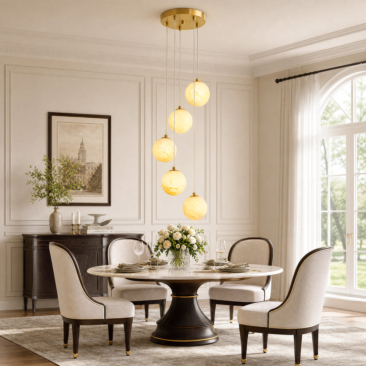 Modern 5-Light Faux Alabaster Glass Globe Cluste Pendant Light with Brass Finish Metal