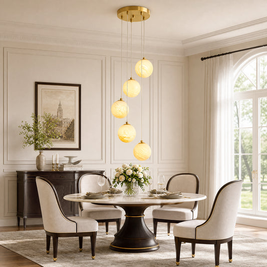 Modern 5-Light Faux Alabaster Glass Globe Cluste Pendant Light with Brass Finish Metal