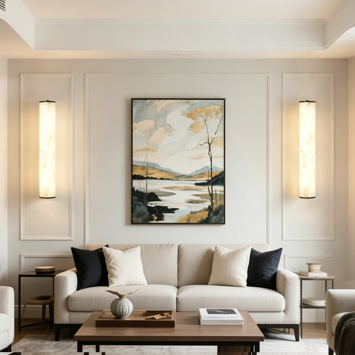 19.7" Modern Cylindrical LED Natural Alabaster Wall Sconce, Dimmable Integrated Light with Brass Metal Backp