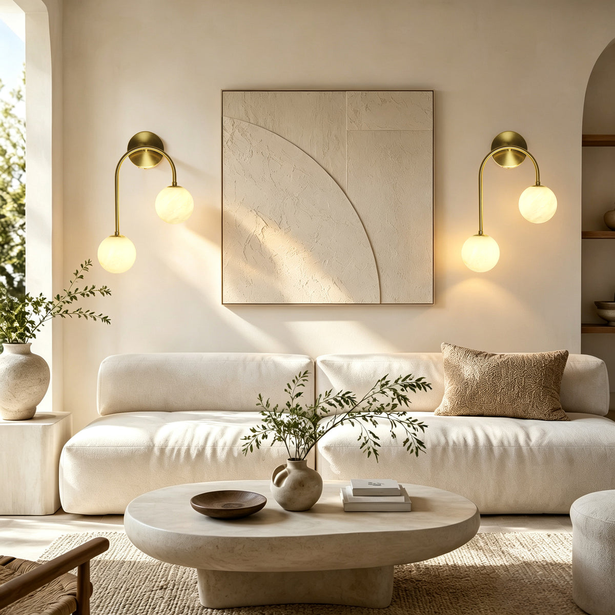 Modern 2-Light Globe Wall Sconce with Faux Alabaster Glass Shades and Brass Finish