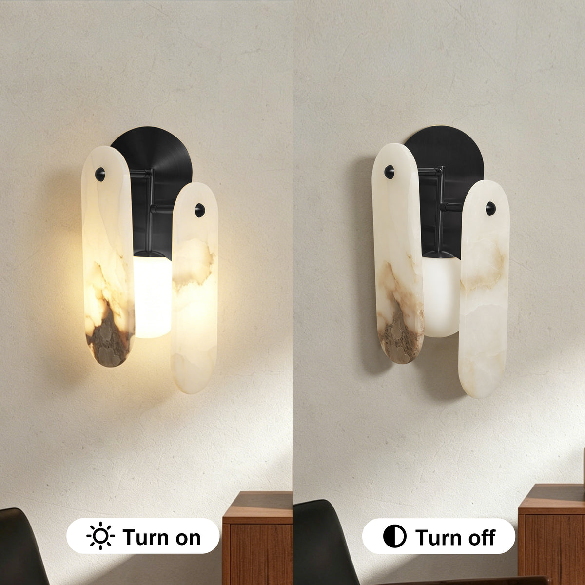 Everly Quinn Modern Natural Alabaster Stone Wall Sconce, Dimmable Mid-Century Accent Vanity Light