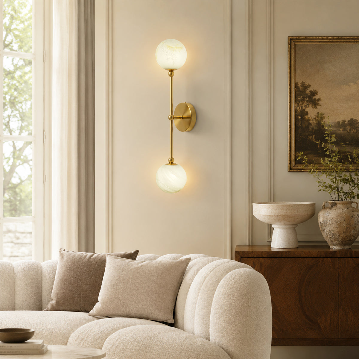 2-Light Globe Wall Sconce with Alabaster-Pattern Glass Shades and Brass Finish