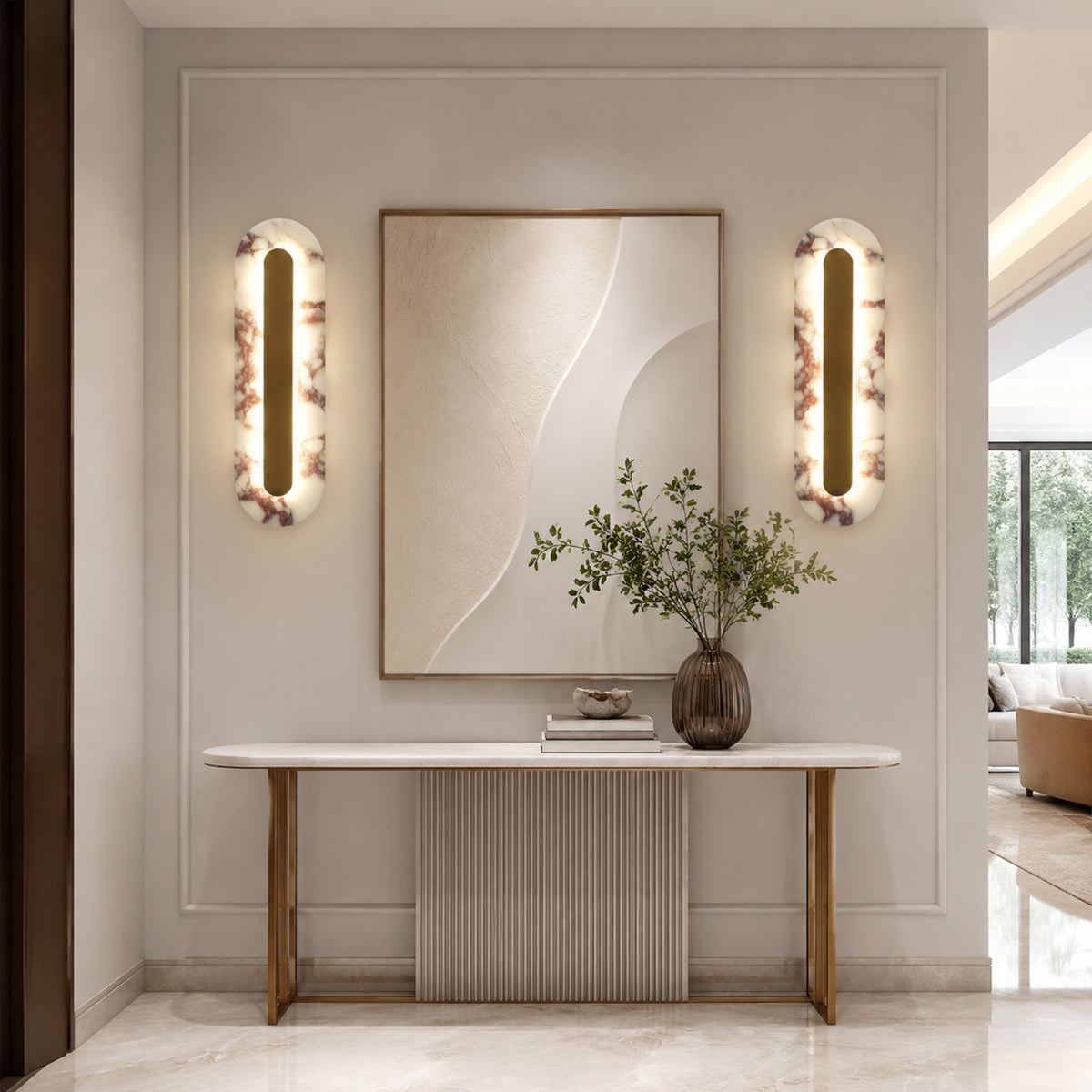 Modern Bulgari Marble Wall Sconce, 3‑Step CCT Selectable LED Light with Brass Metal Accent