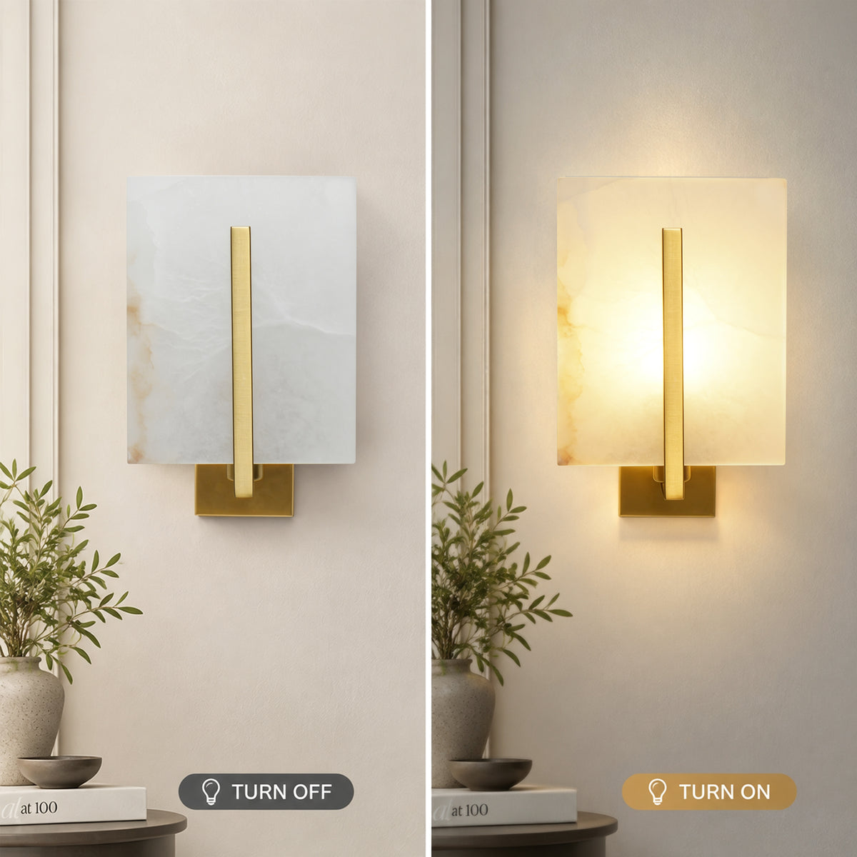 Rectangle Spanish Alabaster Wall Sconce Light 3-Color Selectable Brass LED Wall Mount Lamp