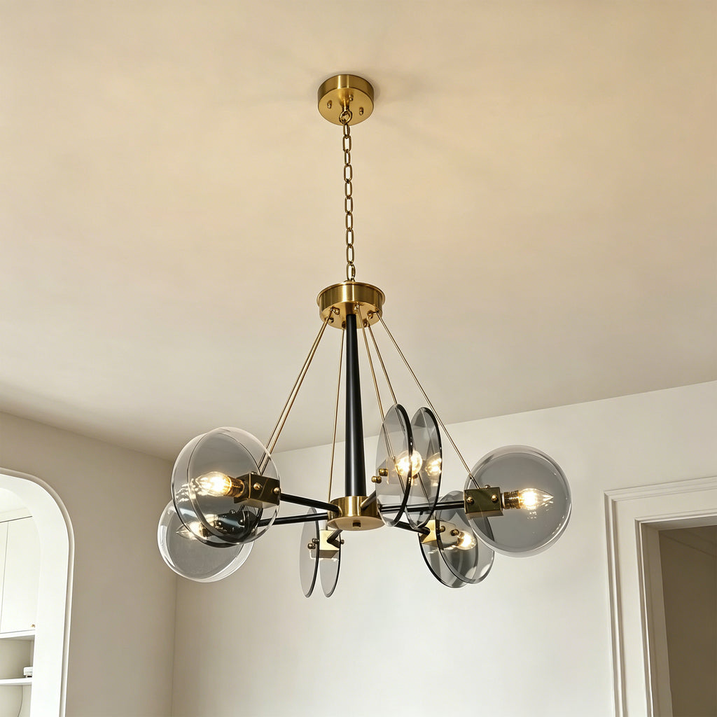 Dehowll Modern 6-Light Smoked Glass Disc Chandelier - Black & Brass Accent