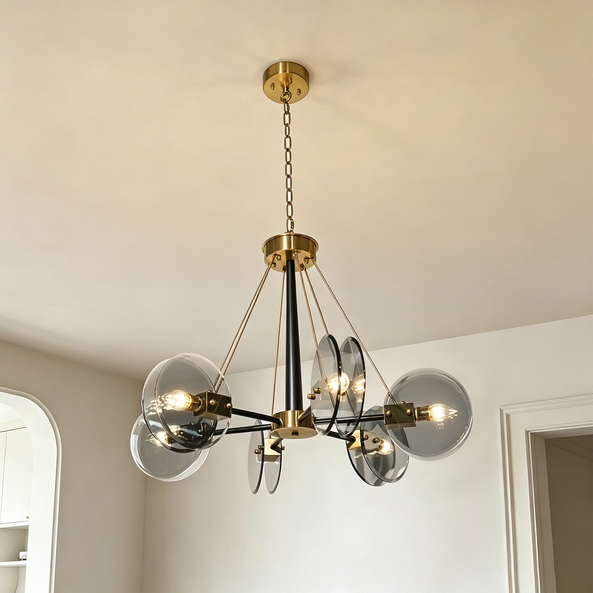 Dehowll Modern 6-Light Smoked Glass Disc Chandelier - Black & Brass Accent