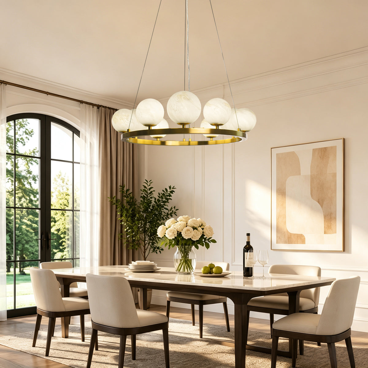 9-Light Brass Modern Globe Chandelier Wagon Wheel Ring Pendant Light with Faux Alabaster Glass Shade
