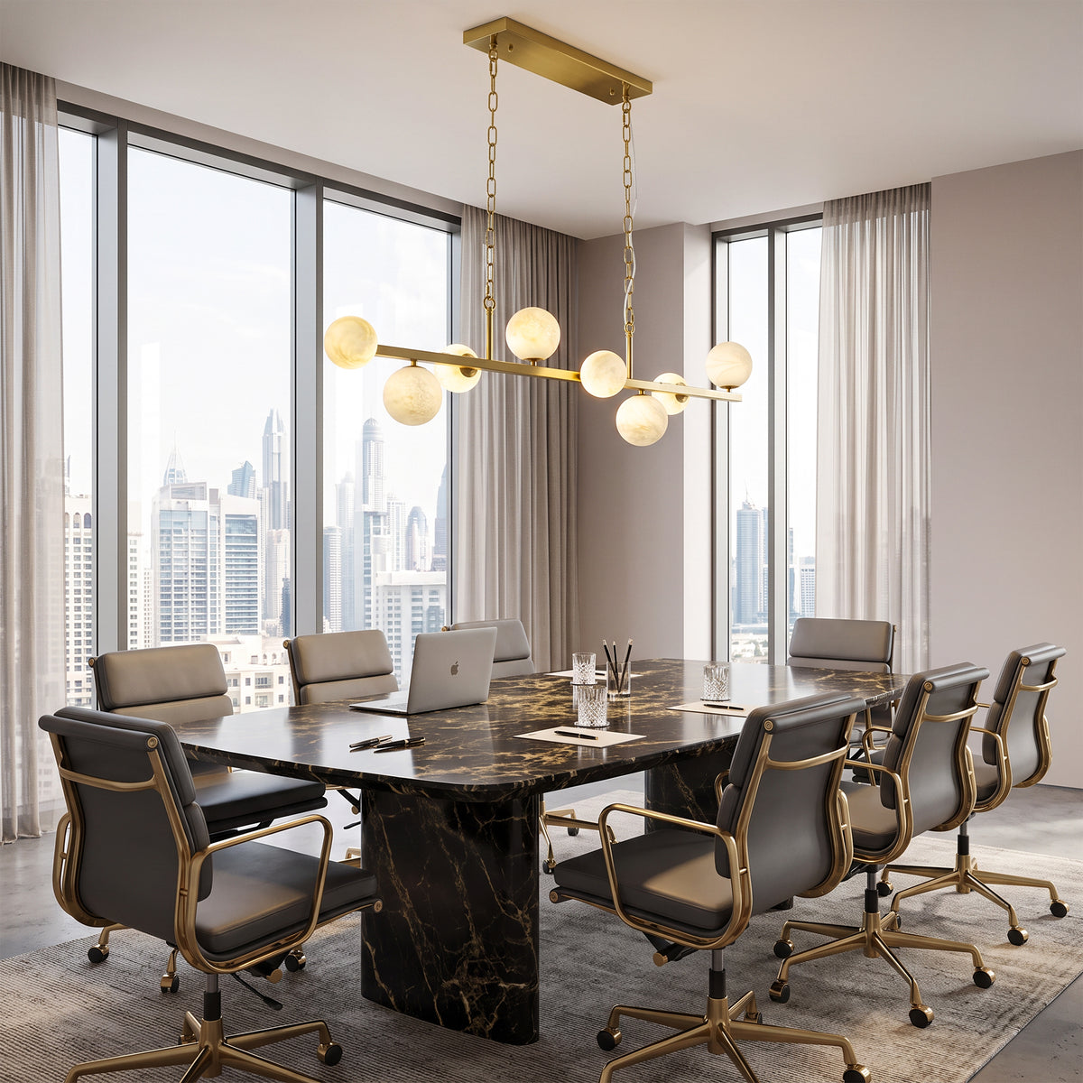 8-Light Brass Modern Linear Chandelier Kitchen Island Pendant Light with Faux Alabaster Glass Shade