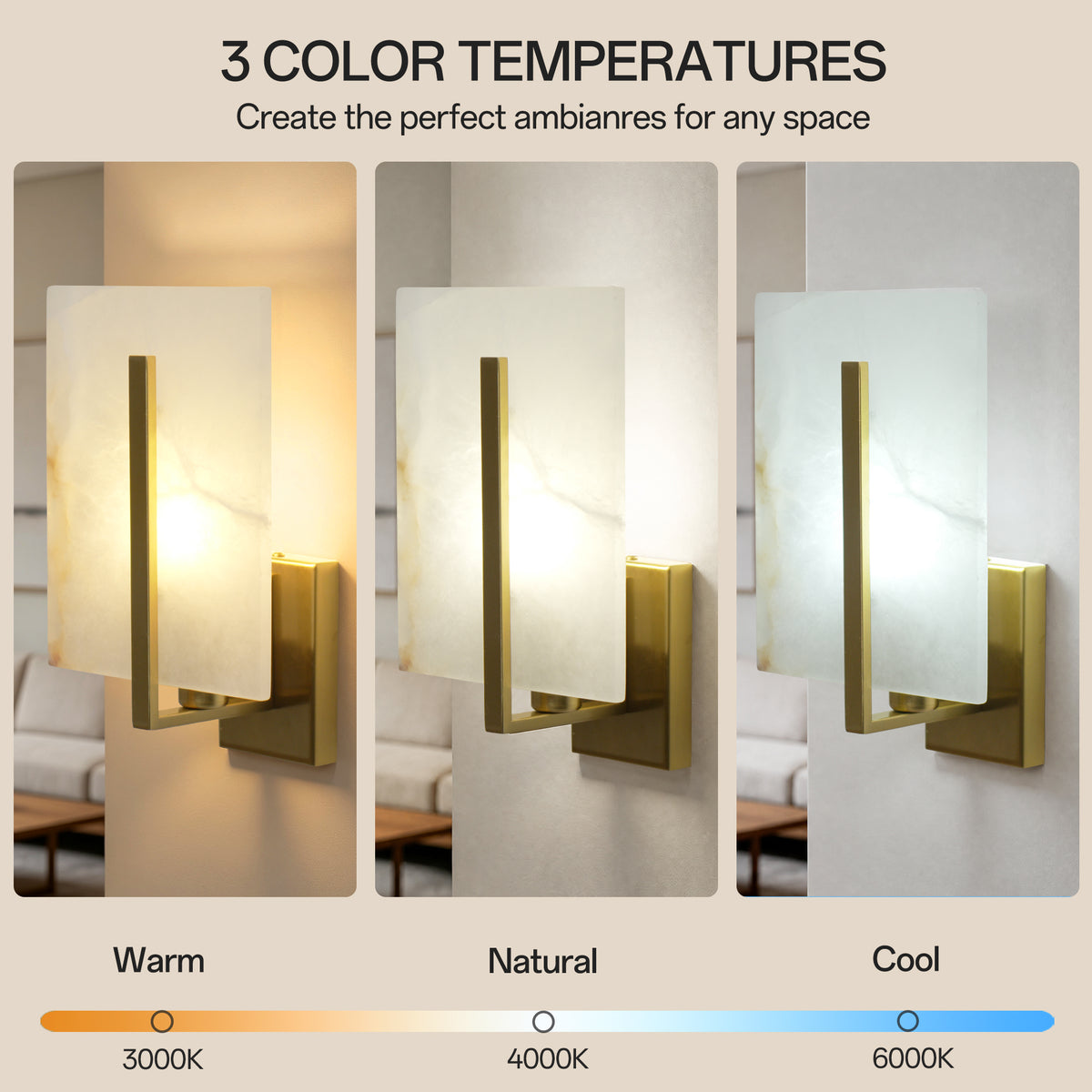 Rectangle Spanish Alabaster Wall Sconce Light 3-Color Selectable Brass LED Wall Mount Lamp
