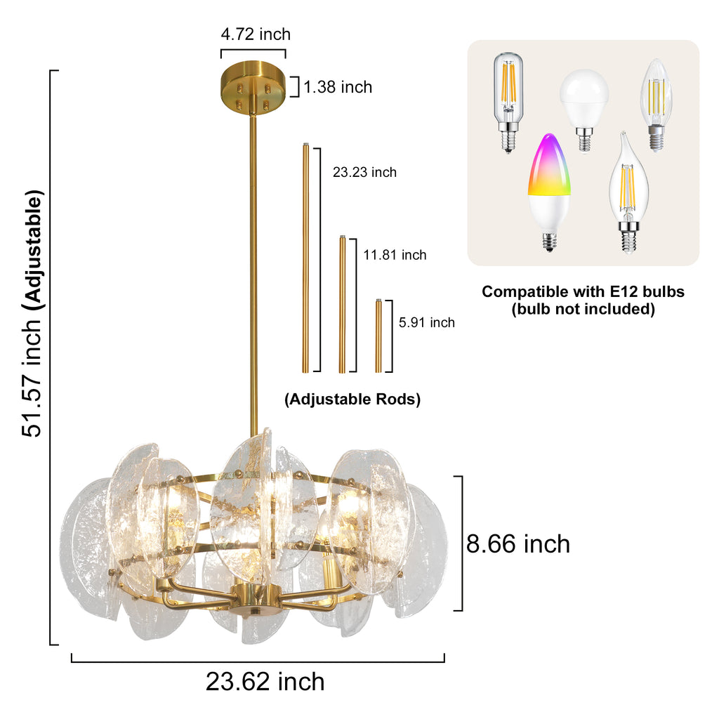 Dehowell Modern 6-Light Hammered Glass Disc Chandelier with Gold Fixture