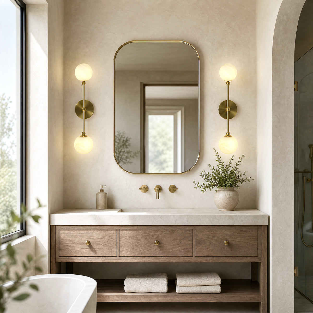 2-Light Globe Wall Sconce with Alabaster-Pattern Glass Shades and Brass Finish