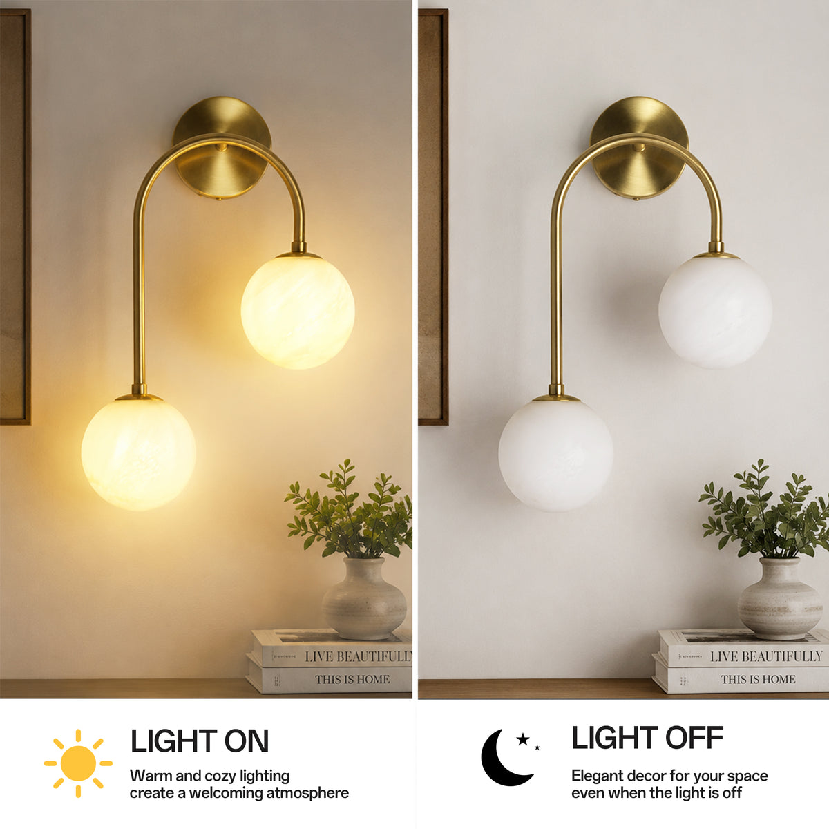 Modern 2-Light Globe Wall Sconce with Faux Alabaster Glass Shades and Brass Finish