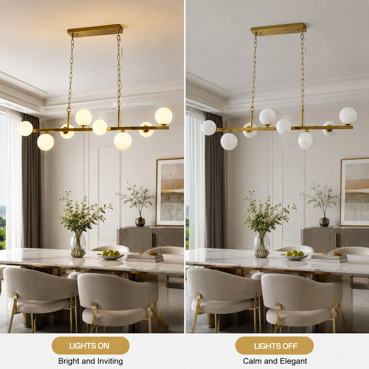 8-Light Brass Modern Linear Chandelier Kitchen Island Pendant Light with Faux Alabaster Glass Shade