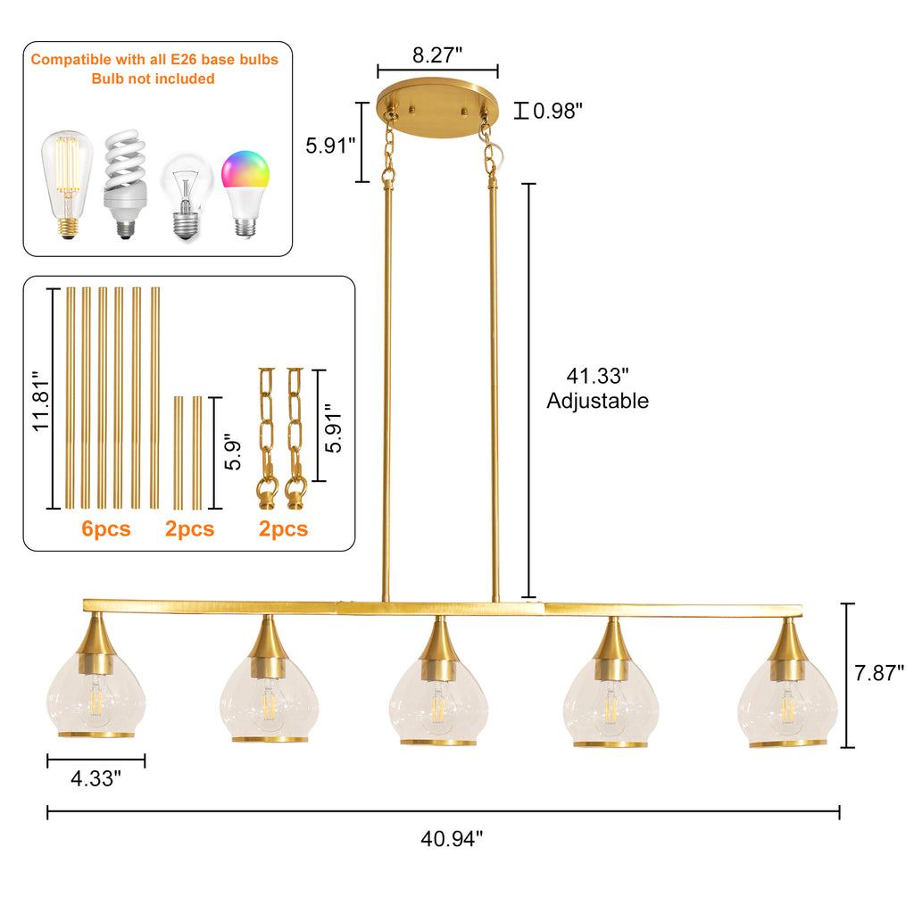 Dehowell 5-Light 40.94'' W Linear Kitchen Island Pendant with Clear Glass Shades