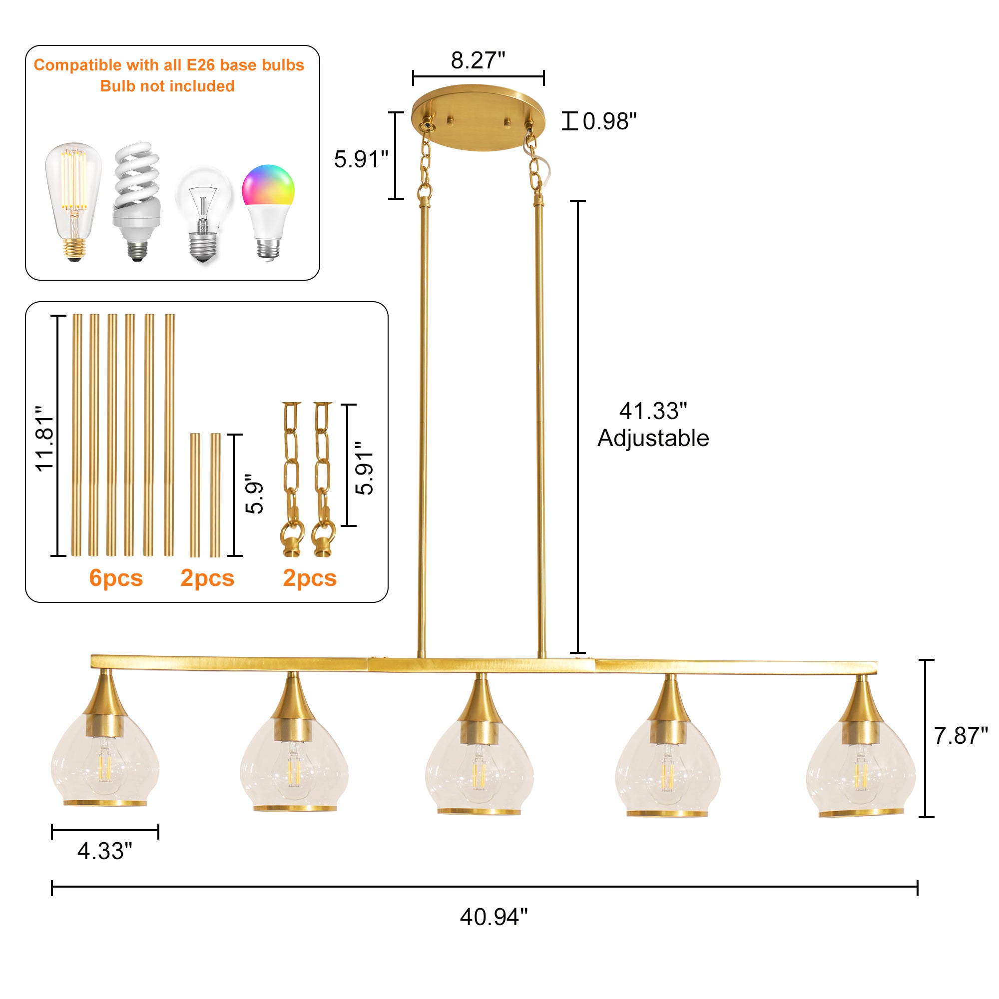 Dehowell 5-Light 40.94'' W Linear Kitchen Island Pendant with Clear Glass Shades