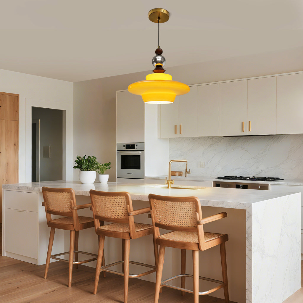 Dehowell Mid Century Glass Pendant Lamp With Wood & Metal Accents For Kitchen Island Living Dining Room