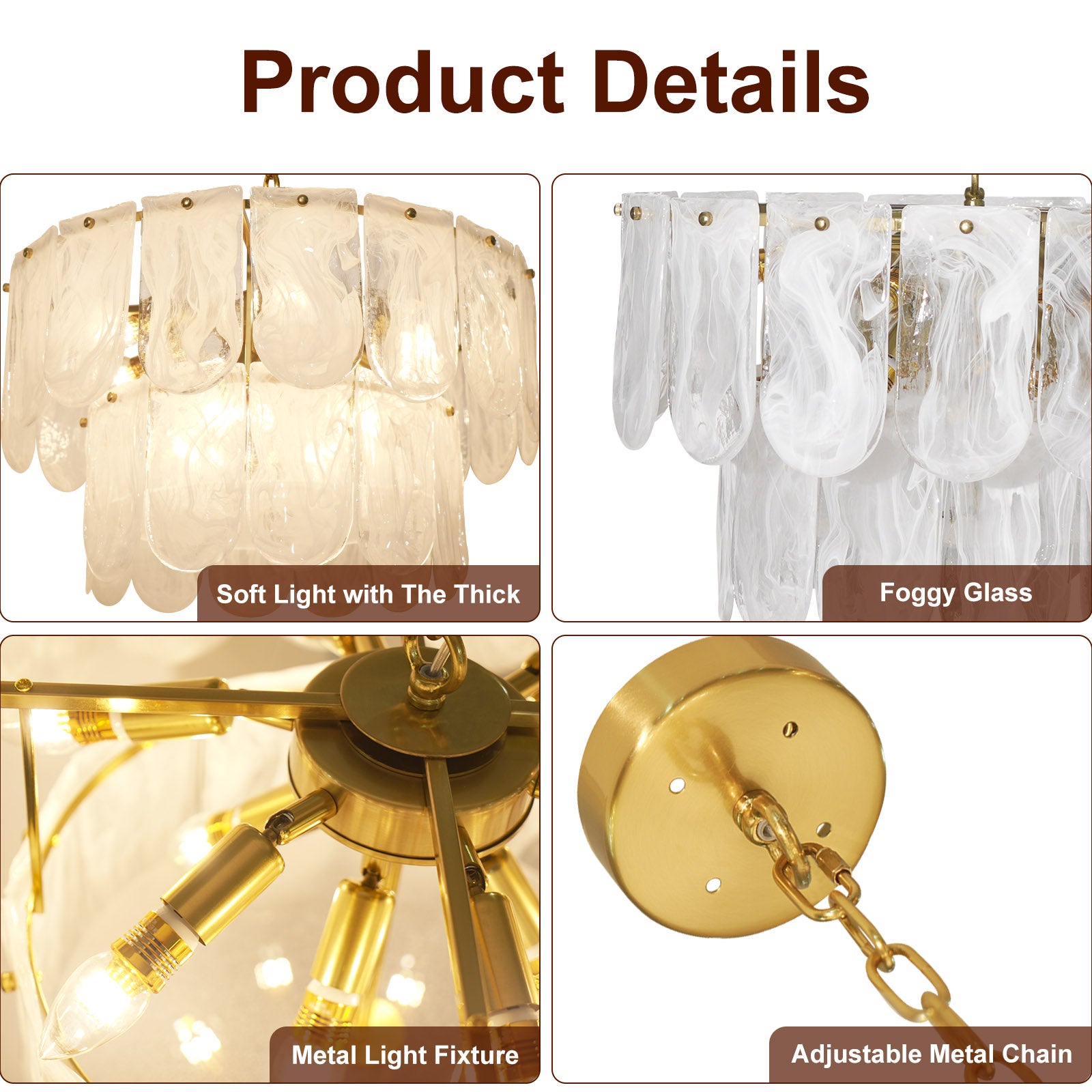Dehowell Tiered 2-Tier Water Ripple Cloud Glass Traditional Classic Chandelier with Gold Metal Chain