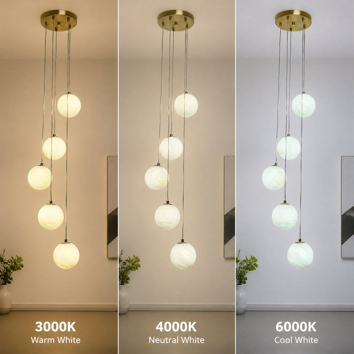 Modern 5-Light Faux Alabaster Glass Globe Cluste Pendant Light with Brass Finish Metal