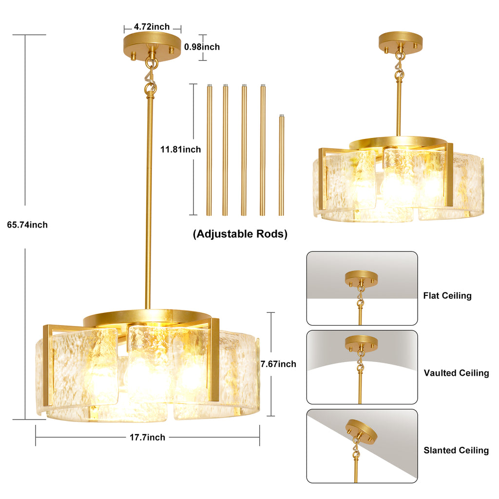 Dehowell 4-Light Modern Drum Chandelier with Textured Water Glass Shades