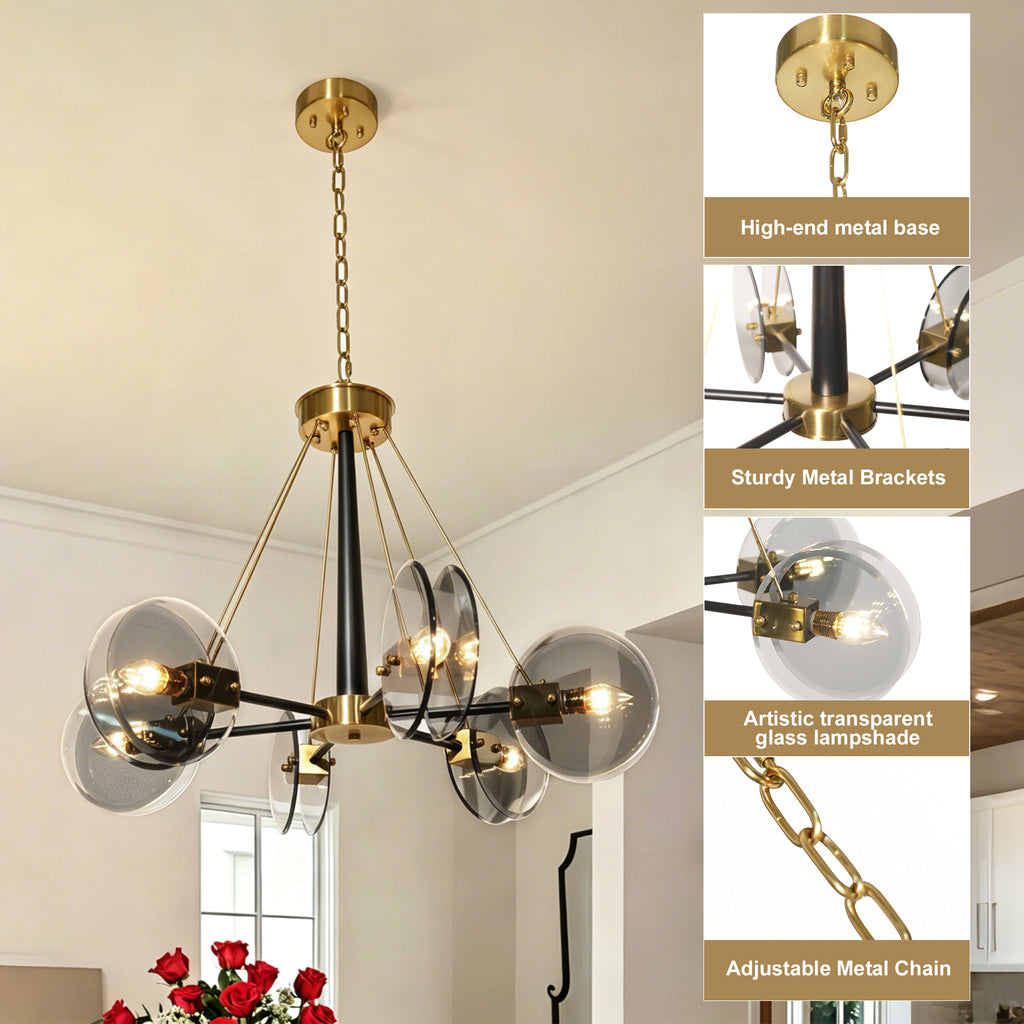 Dehowll Modern 6-Light Smoked Glass Disc Chandelier - Black & Brass Accent