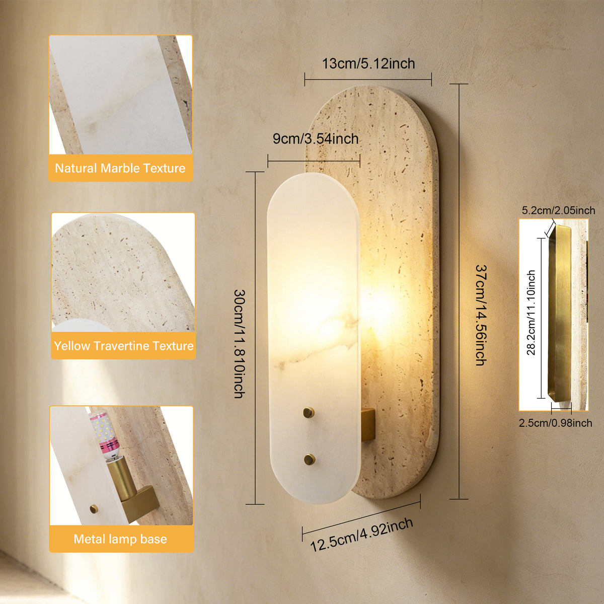 Modern 1-Light 14.57in Travertine and Alabaster LED Flush Mount Wall Sconce with Brass Accent