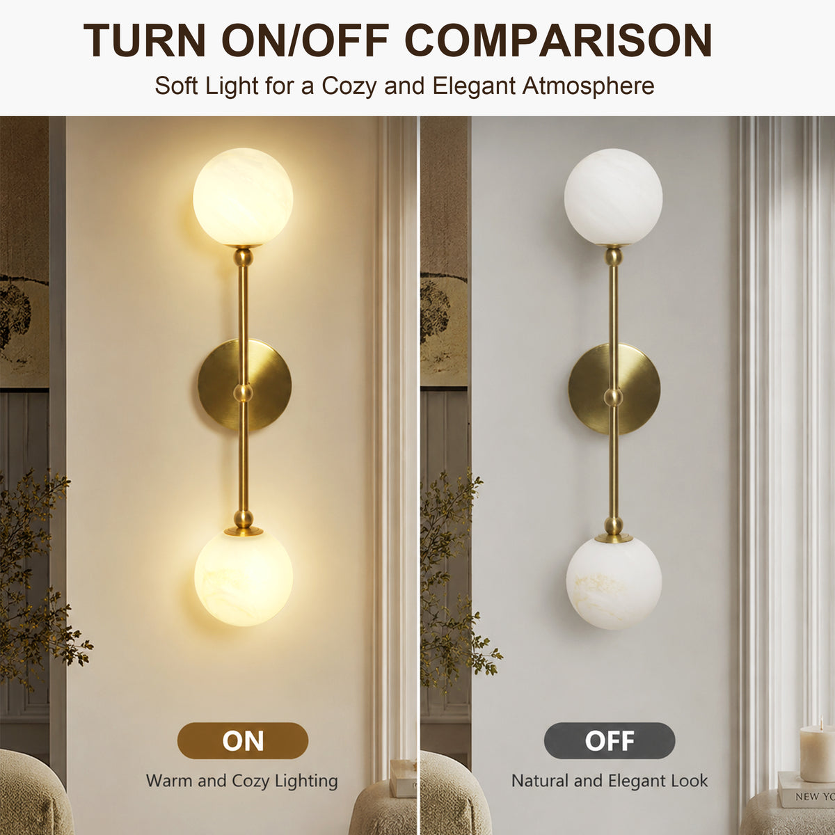 2-Light Globe Wall Sconce with Alabaster-Pattern Glass Shades and Brass Finish